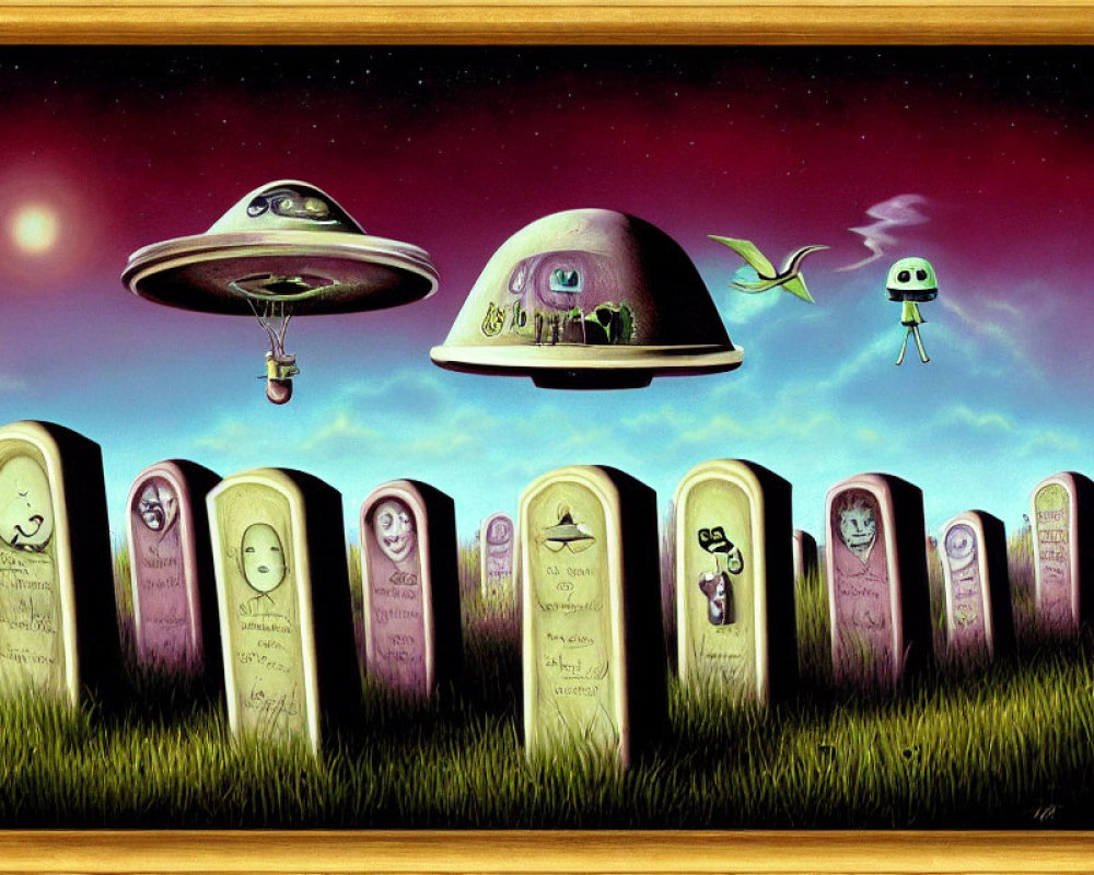 Surreal graveyard painting with alien spacecraft and extraterrestrials among tombstones and ghost drawings