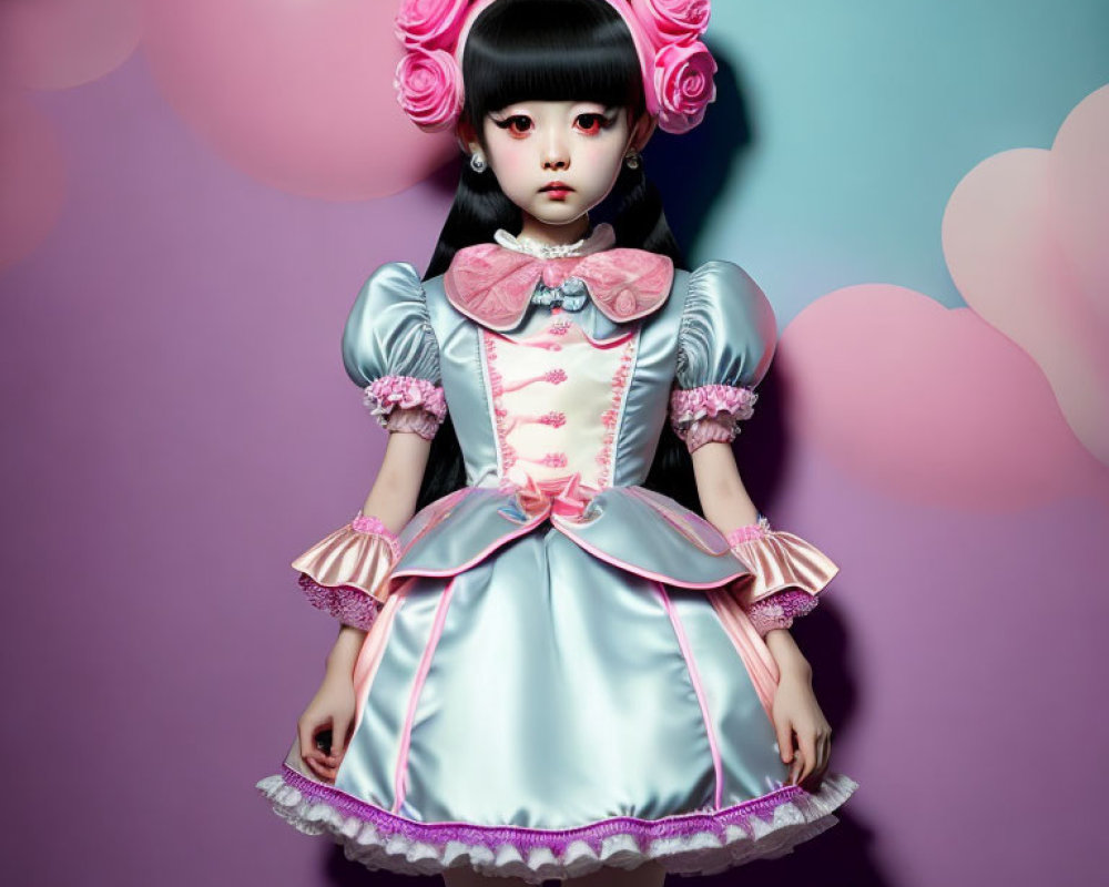 Doll-like figure with black hair in buns and pink roses, in pastel blue and pink