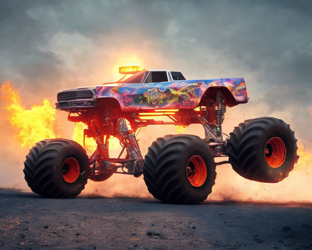 Colorful Monster Truck Stunt Amid Flames and Smoke