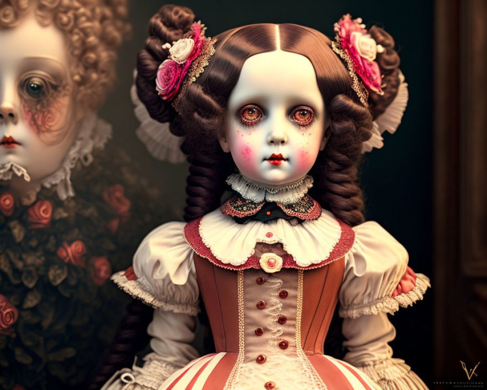 Victorian-style doll with brown curls and lace collar, reflection of distorted face