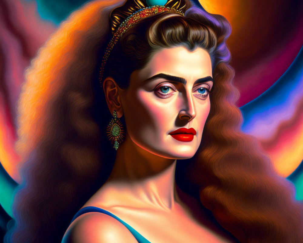 Portrait of woman with wavy hair, crown, and cosmic backdrop.