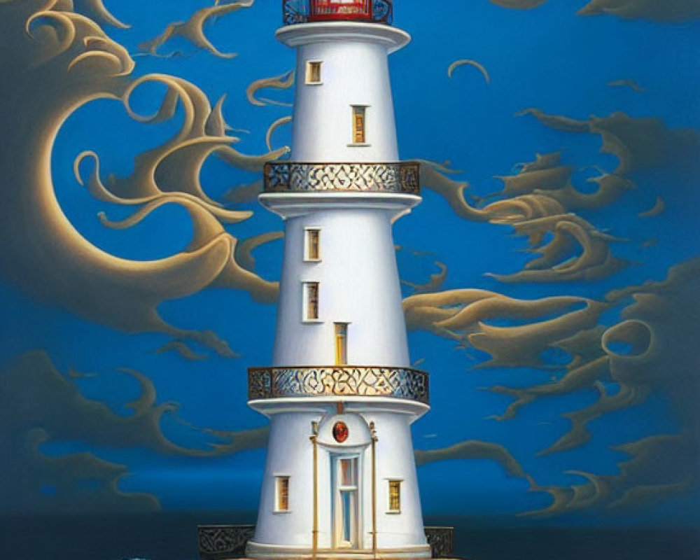 Surreal painting: lighthouse on rocky outcrop with golden clouds