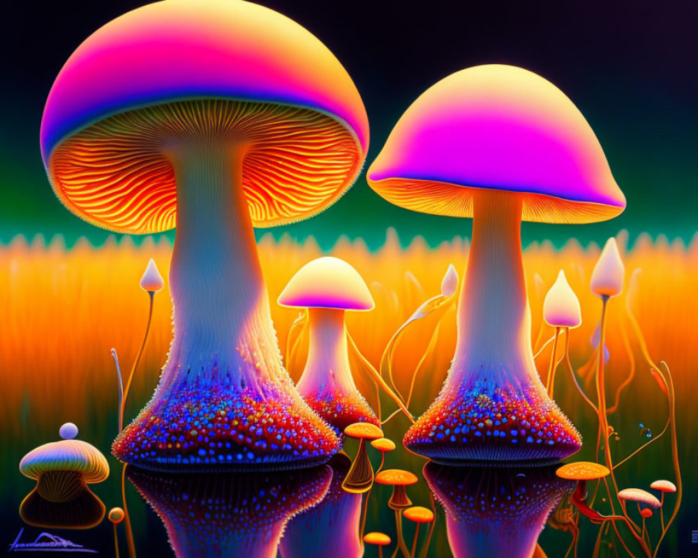 Neon-colored mushrooms in fantasy landscape with water reflection