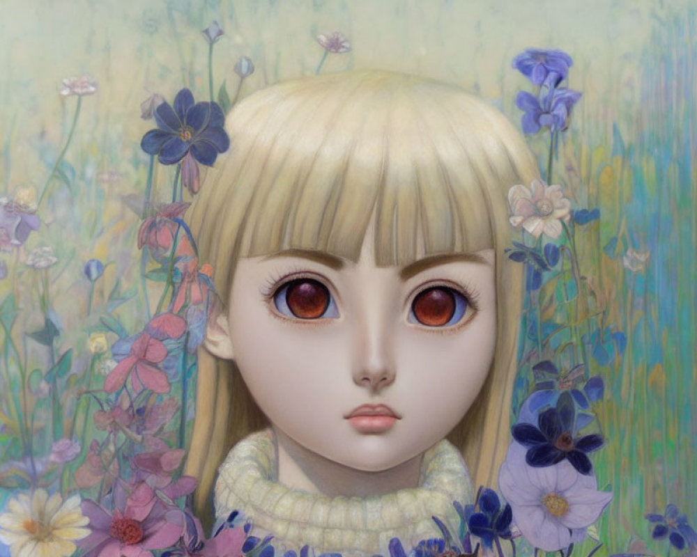 Close-Up Doll with Large Amber Eyes and Blonde Hair Among Colorful Flowers