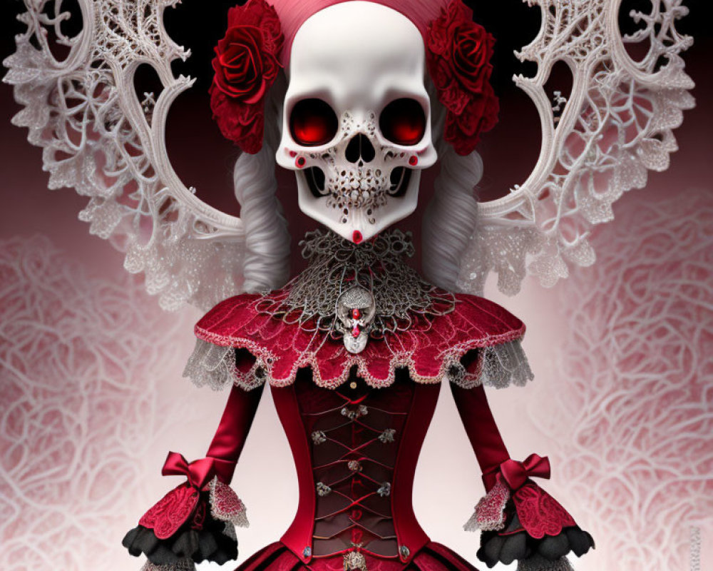 Gothic skeletal figure in red and black dress with roses on patterned background