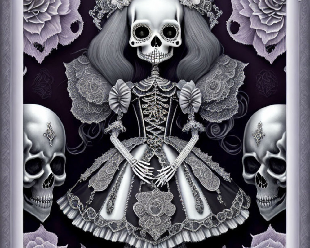 Detailed gothic skeleton illustration with roses and skulls in a Day of the Dead theme.