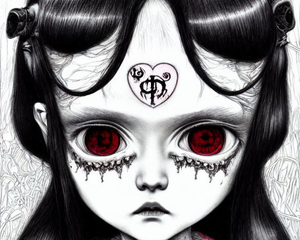 Detailed Gothic Girl Illustration with Red Eyes and Heart Symbol