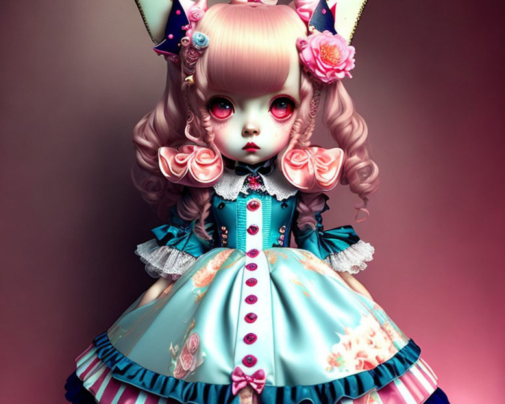 Digital artwork of doll-like character with large eyes, rosy cheeks, twin pink bows, blue and