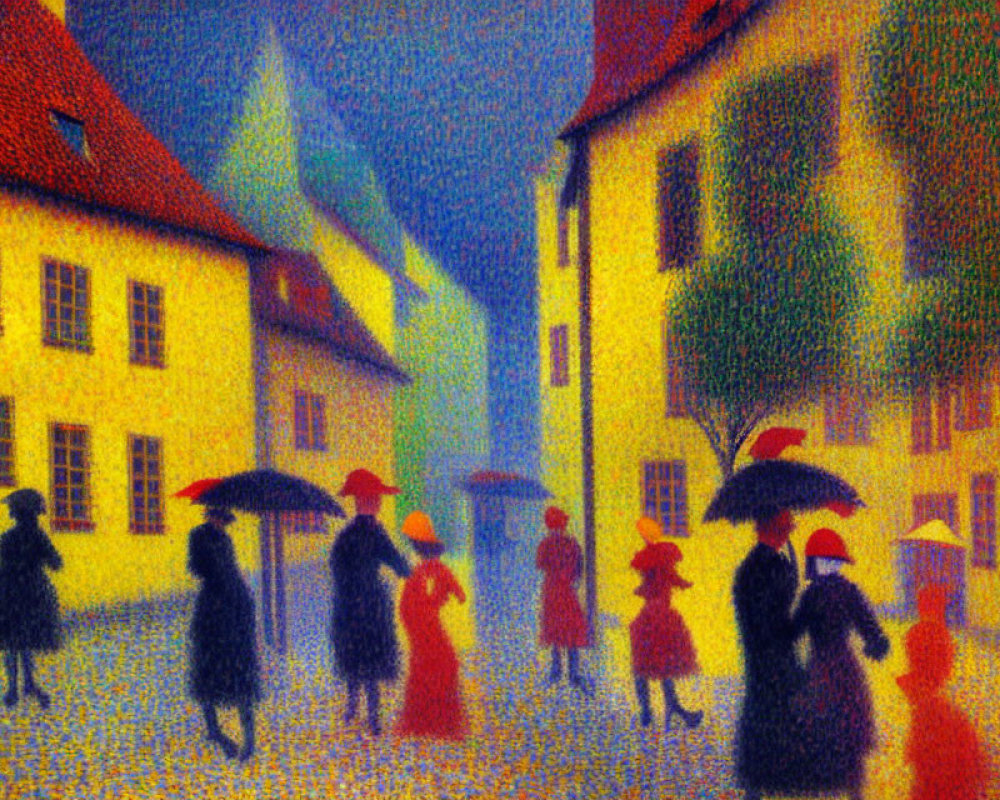 Vibrant pointillist painting of people with umbrellas on quaint street