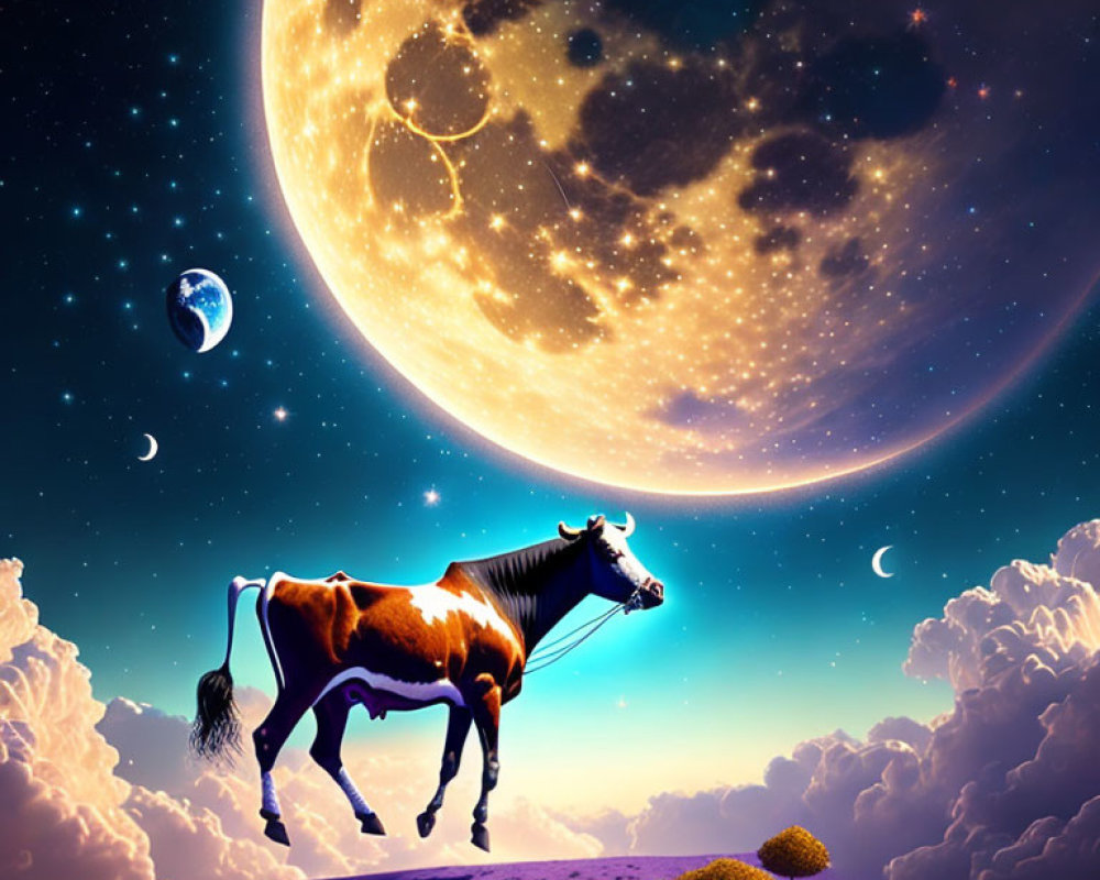 Cow on purple hill under starry sky with oversized moon, planets, stardust trail