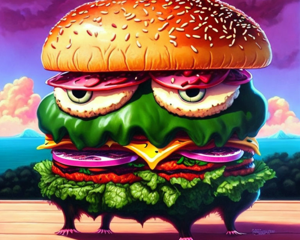 Cheeseburger illustration with anthropomorphic eyes on wooden surface