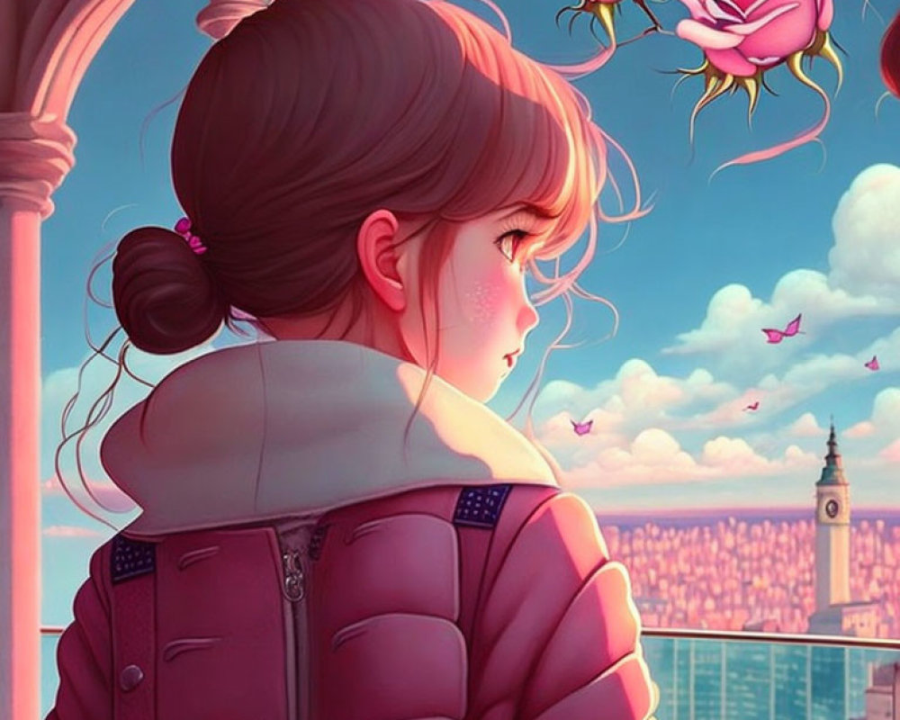 Brown-haired girl in pink jacket admiring cityscape with roses and butterflies under pink sky