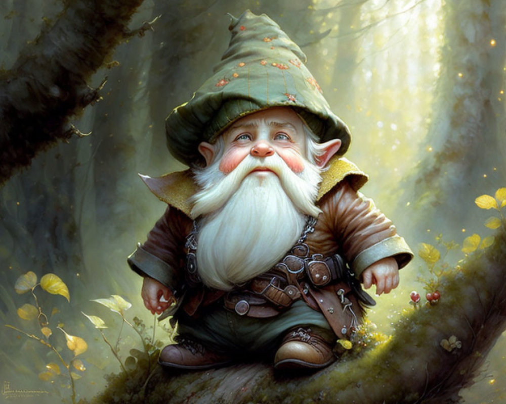 Cheerful gnome in green hat and brown armor in enchanted forest