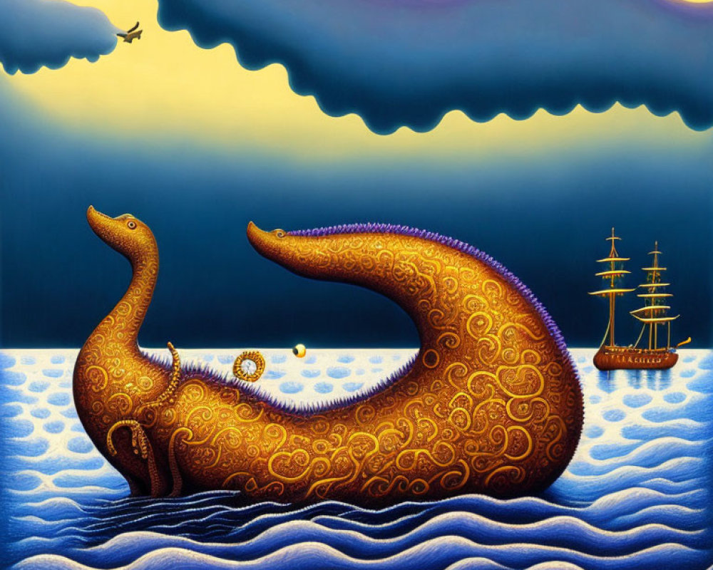 Stylized sea painting with golden sea monster, ships, and plane under dark sky