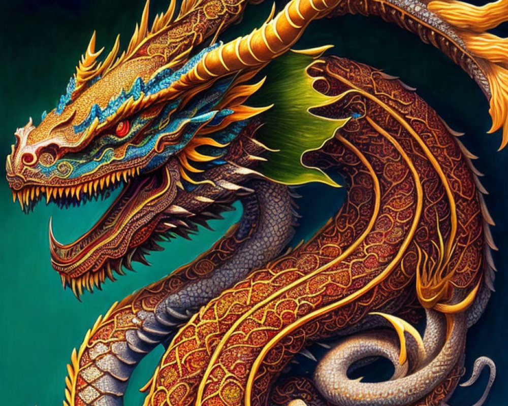 Detailed mythical dragon illustration on dark green background