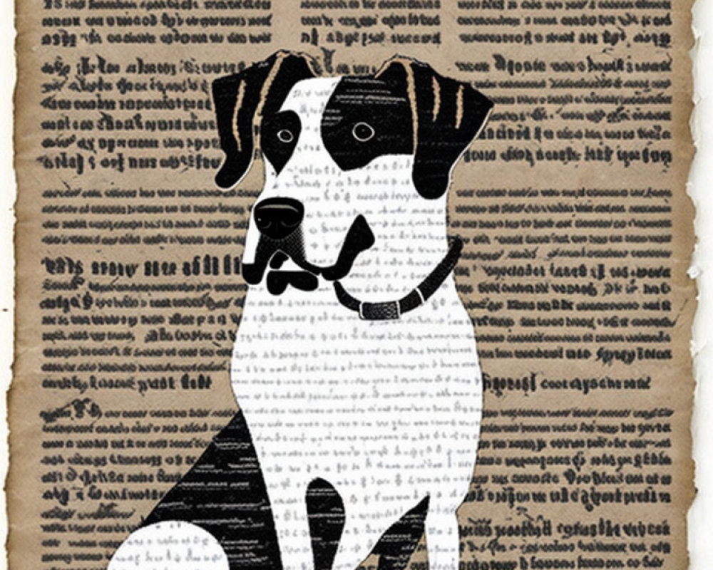 Black and white dog on vintage manuscript paper background