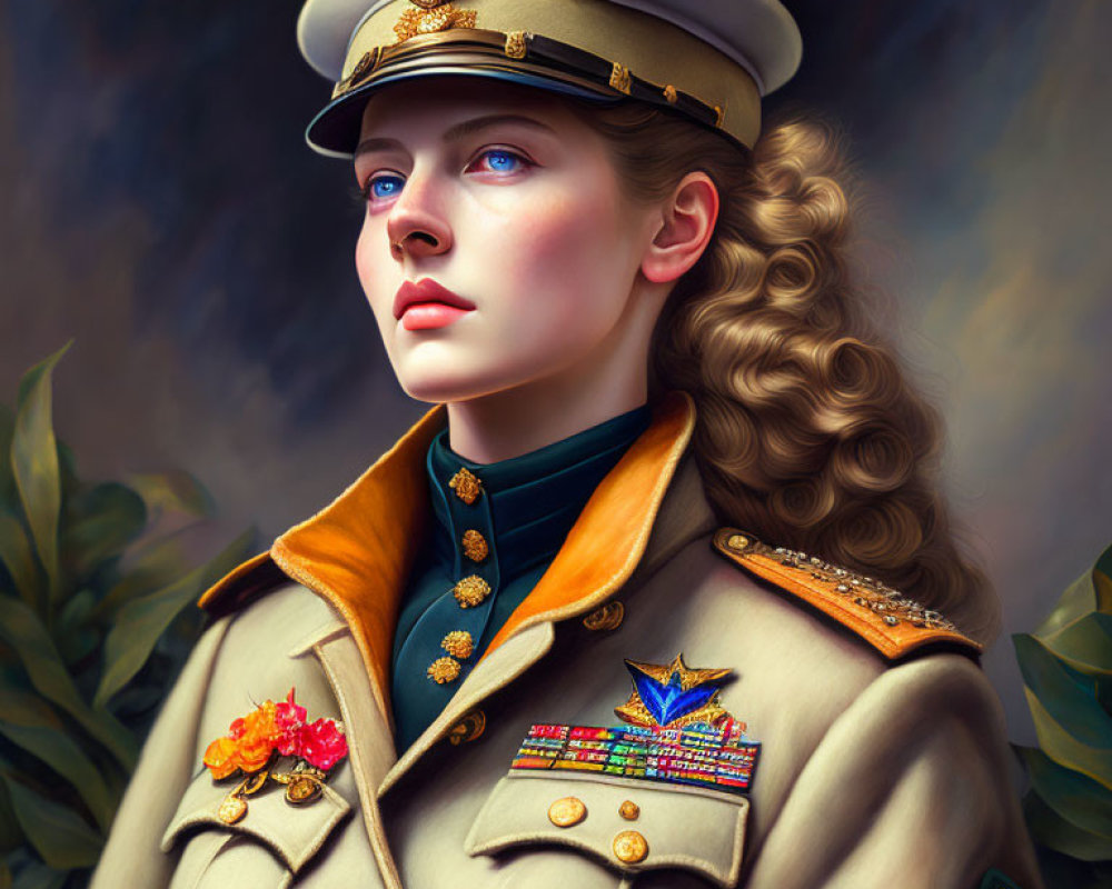 Digital portrait of woman in military uniform with medals, peaked cap, wavy hair, and focused gaze