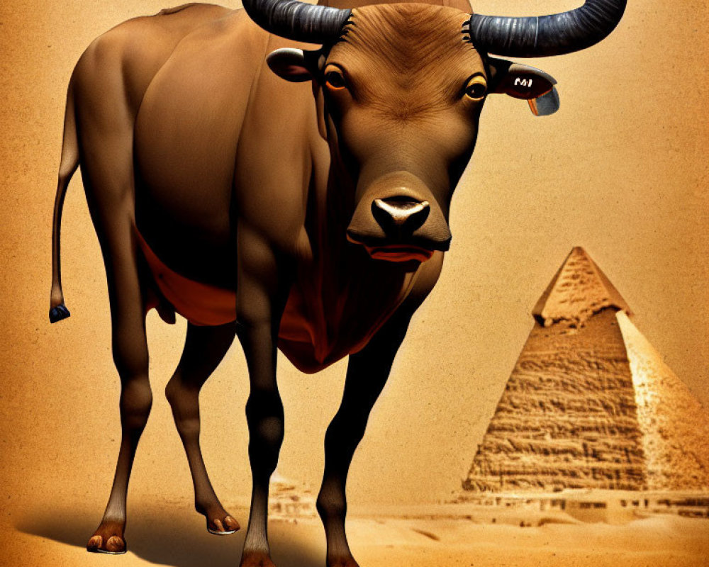 Digital illustration of muscular brown bull in desert with pyramid