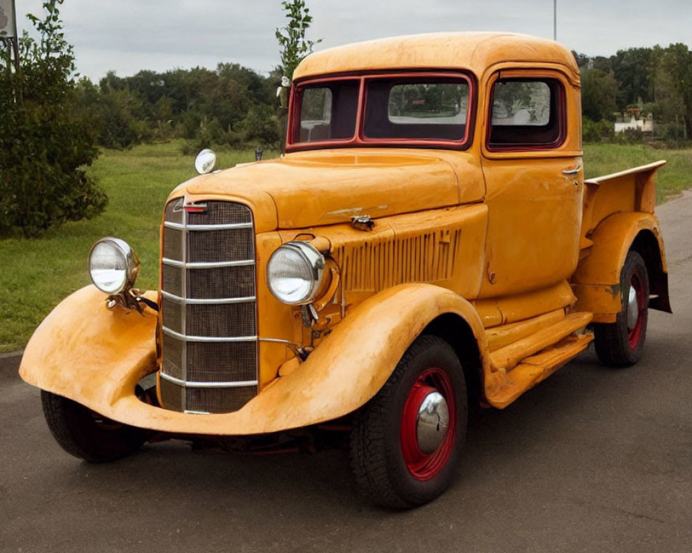 Vintage Yellow Pickup Truck with Red Wheels and Chrome Details