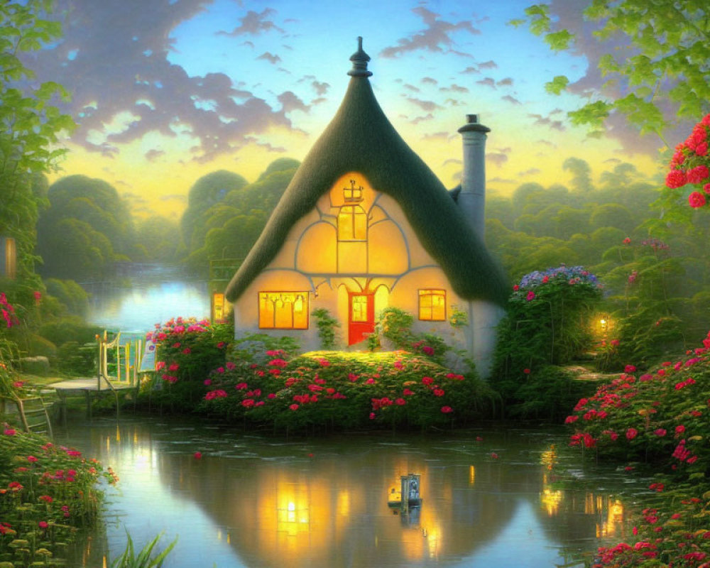 Charming Thatched Roof Cottage with Illuminated Windows and Garden Pond at Twilight