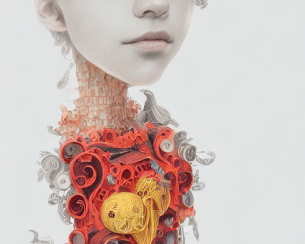 Surreal humanoid figure with expressive eyes and intricate neck structure