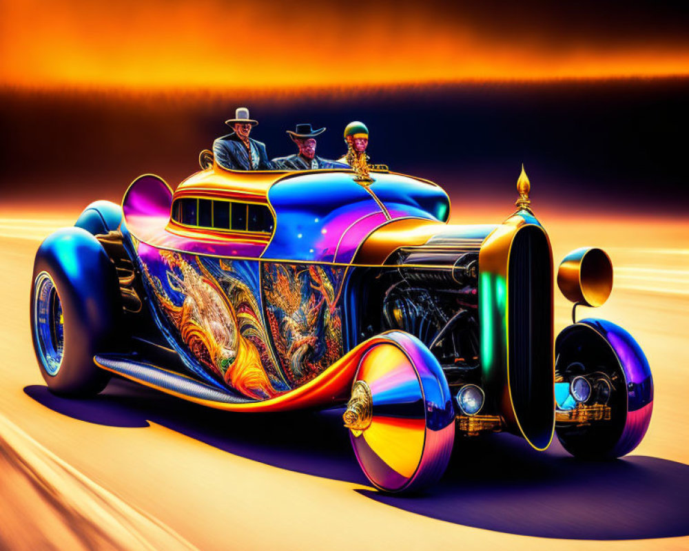 Stylized vintage car with two individuals in vibrant sunset scene