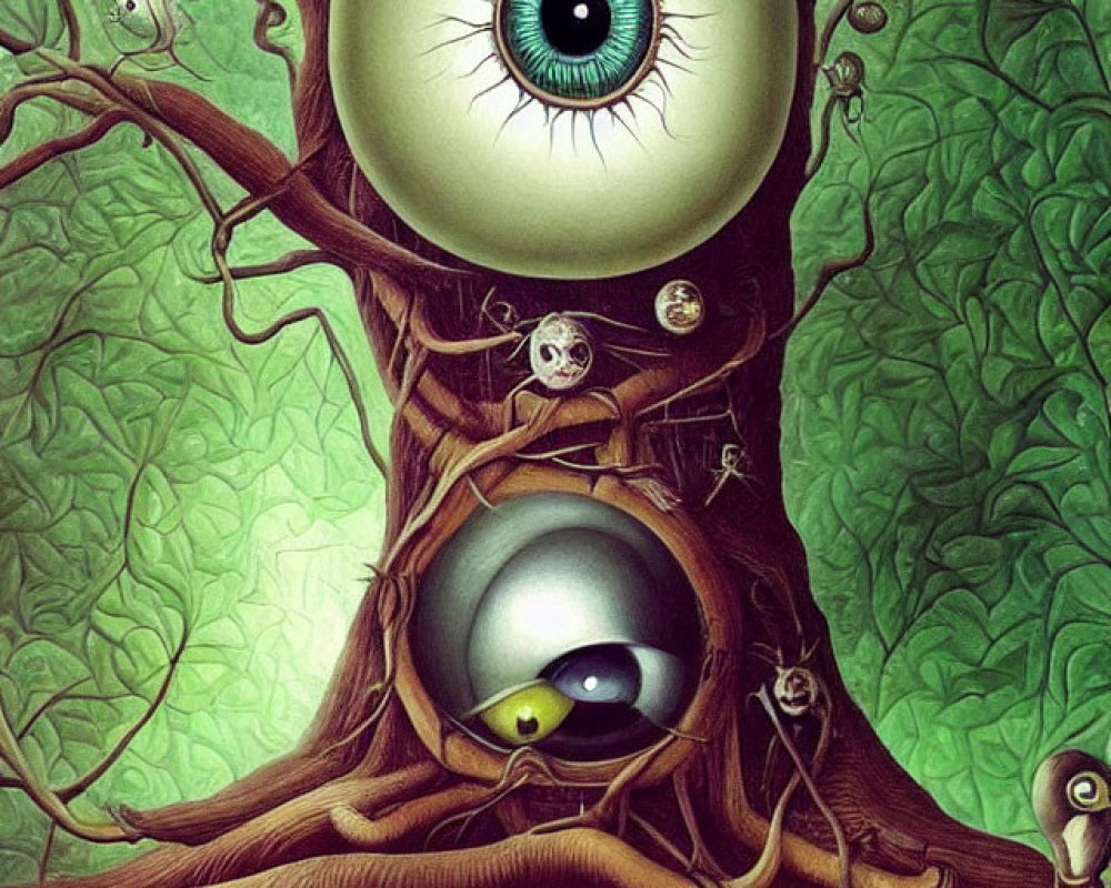 Surreal artwork: Tree with human-like eyes and eyebrow branches in green foliage