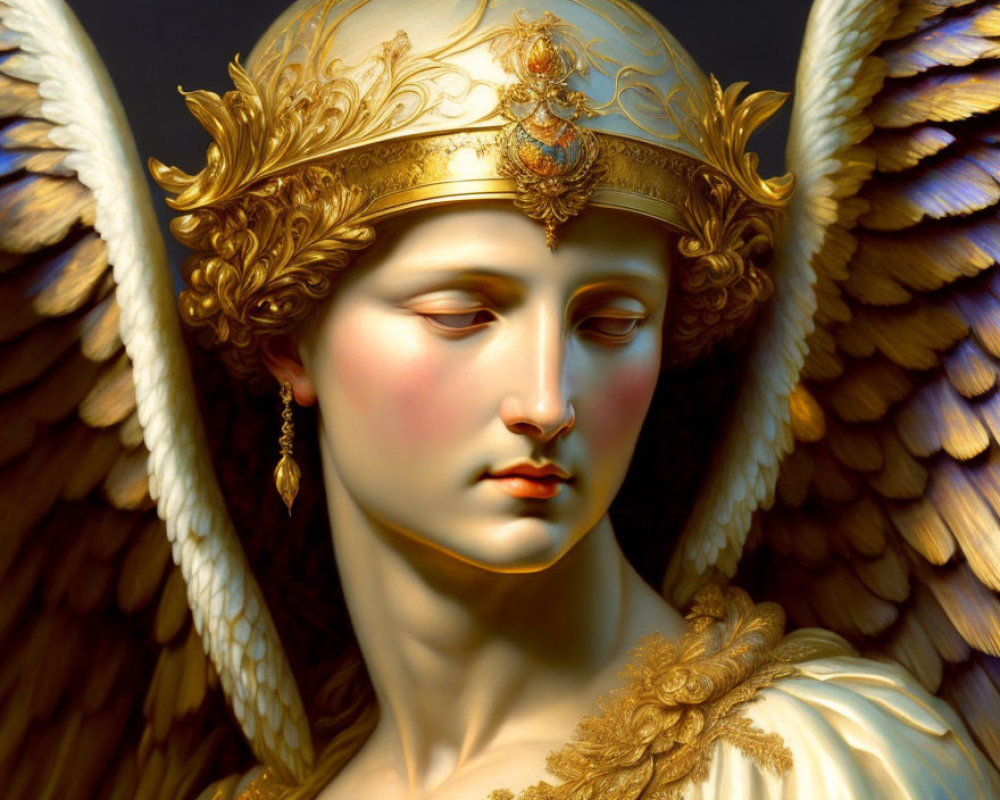 Golden-winged angel with intricate helmet and jewelry in contemplative pose