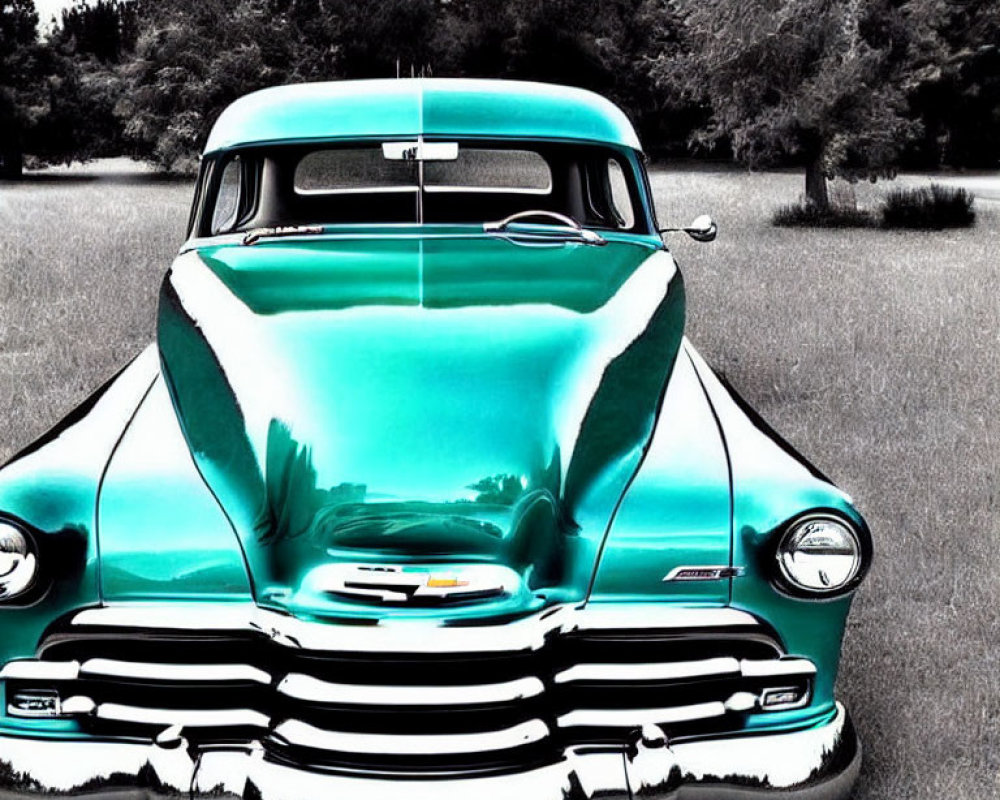 Turquoise and Black Classic Car with High-Contrast Filter