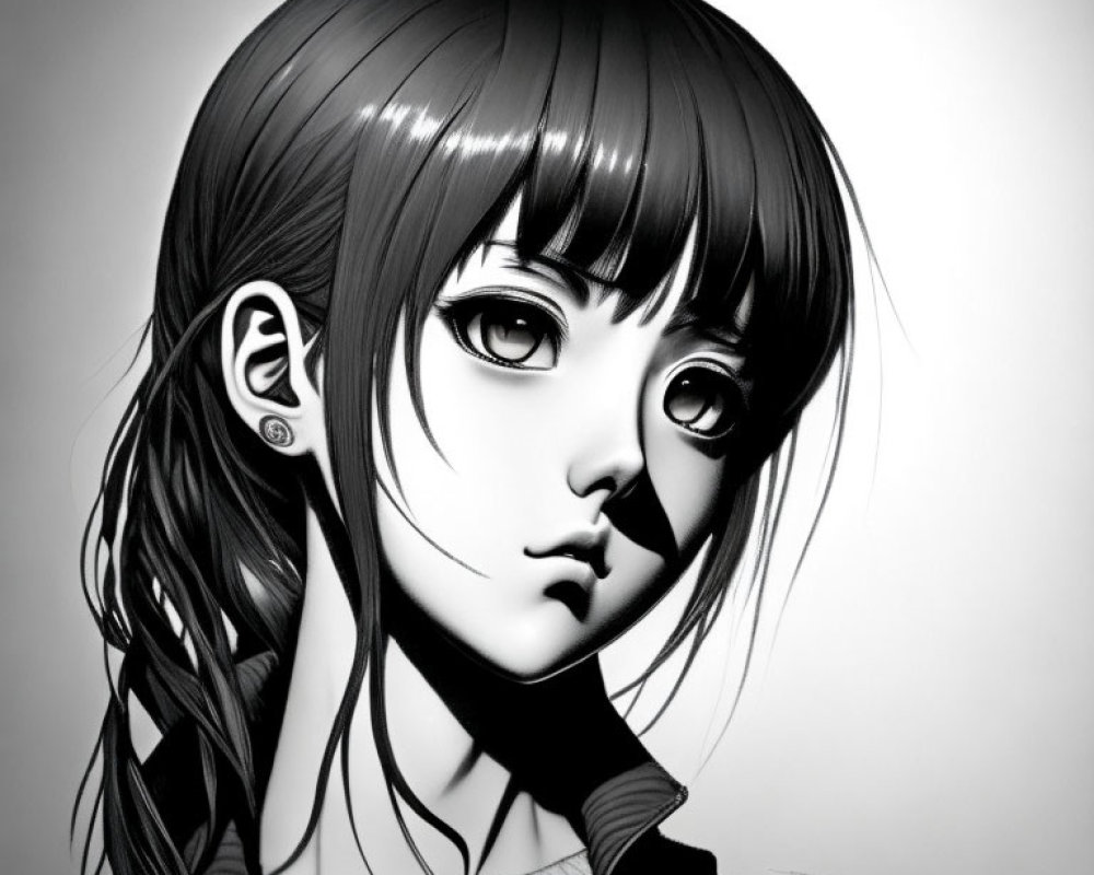 Monochromatic digital art of stylized girl with large eyes and futuristic earpiece