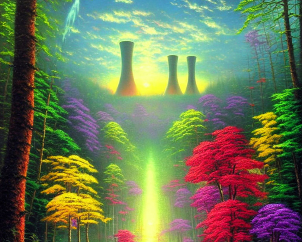 Colorful forest under sunset sky with industrial towers emitting light