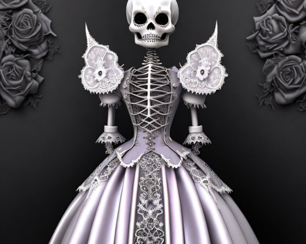 Gothic-style skeletal figure in ornate dress with skull features and dark roses