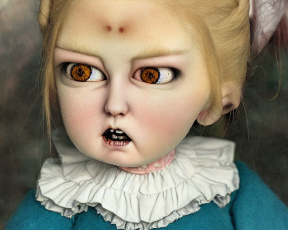 Digital Artwork: Grotesque Doll with Yellow Eyes and Vampire-like Teeth