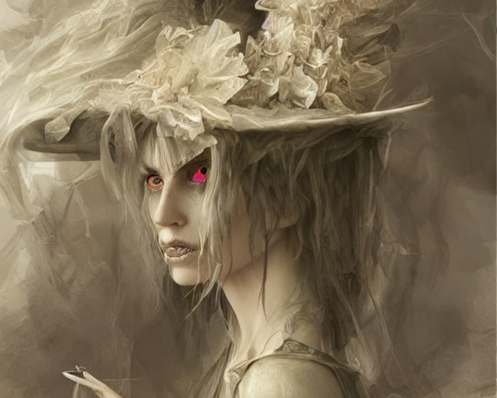 Pale-skinned female figure with glowing red eyes and ornate hat in sepia-toned setting