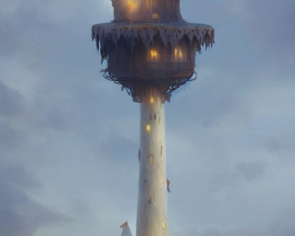 Fantasy tower with castle on slender spire in misty landscape