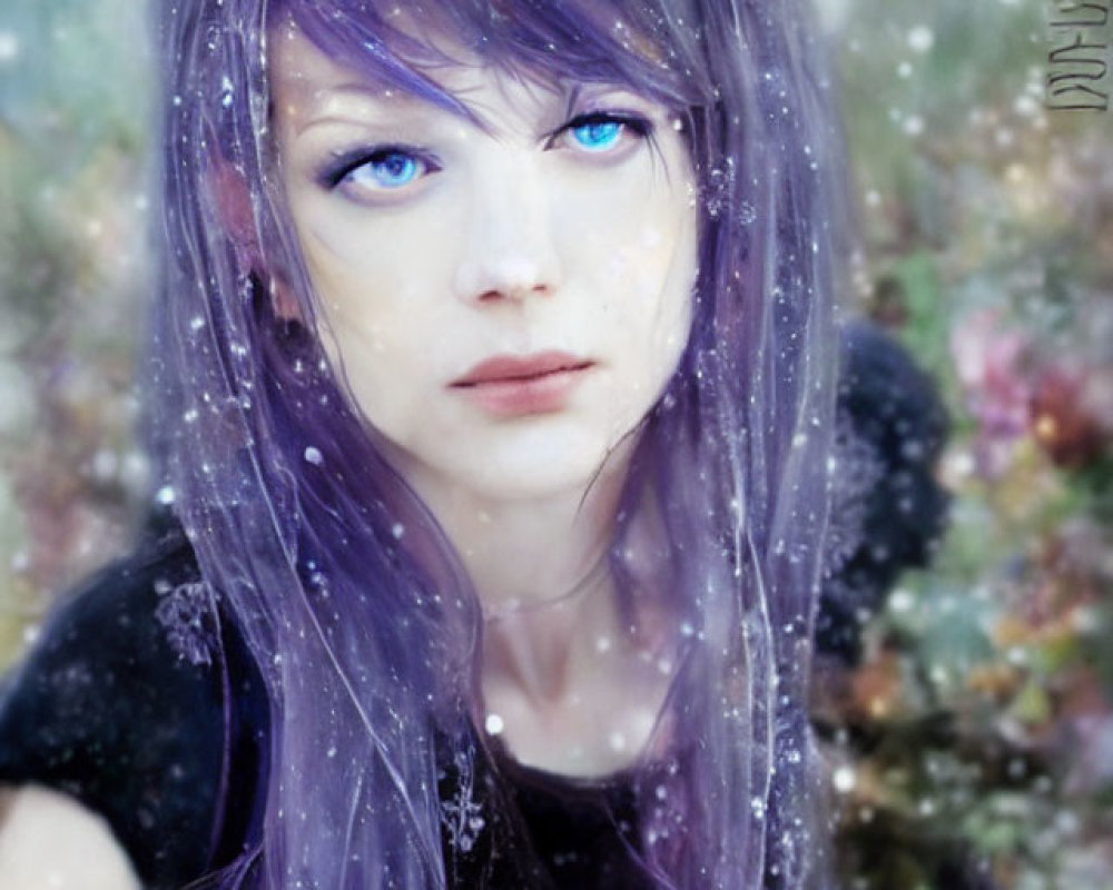 Digital portrait featuring person with blue eyes, purple hair, snowflakes, and floral backdrop.