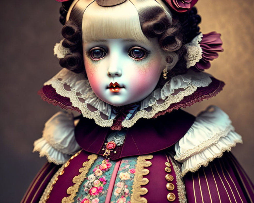 Victorian-style porcelain doll with intricate details and haunting beauty