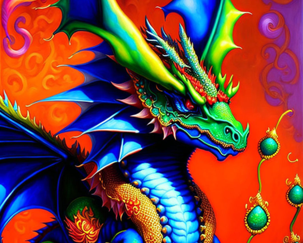 Colorful Dragon Art with Blue Wings and Green Scales