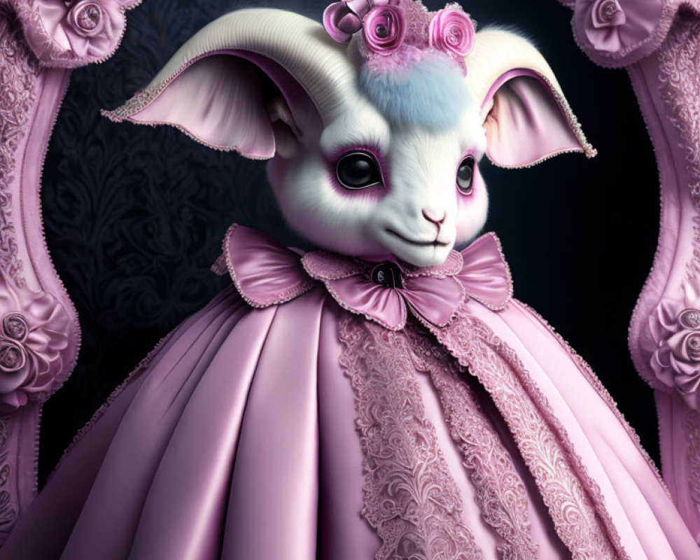 Stylized creature with lamb's head in Victorian dress & roses