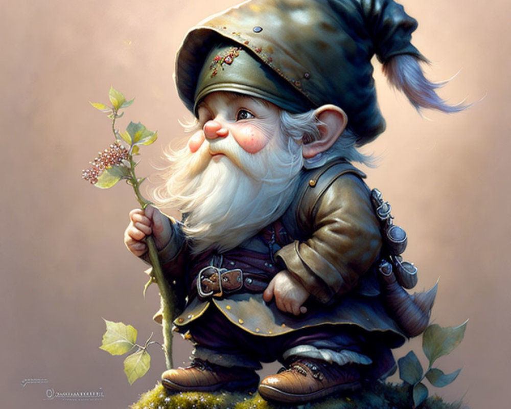 Illustration of smiling gnome with long white beard and green attire observing sprouting plant