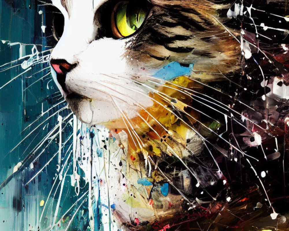 Colorful Abstract Painting of Cat with Green Eyes