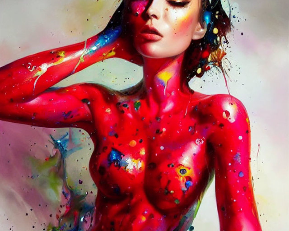 Colorful Portrait of Woman Covered in Vibrant Paint