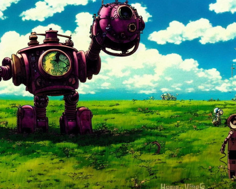 Colorful vintage robot landscape under blue skies