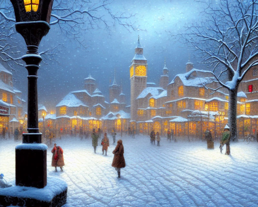 Snow-covered town square at dusk with people, warm glowing windows, and vintage street lamp