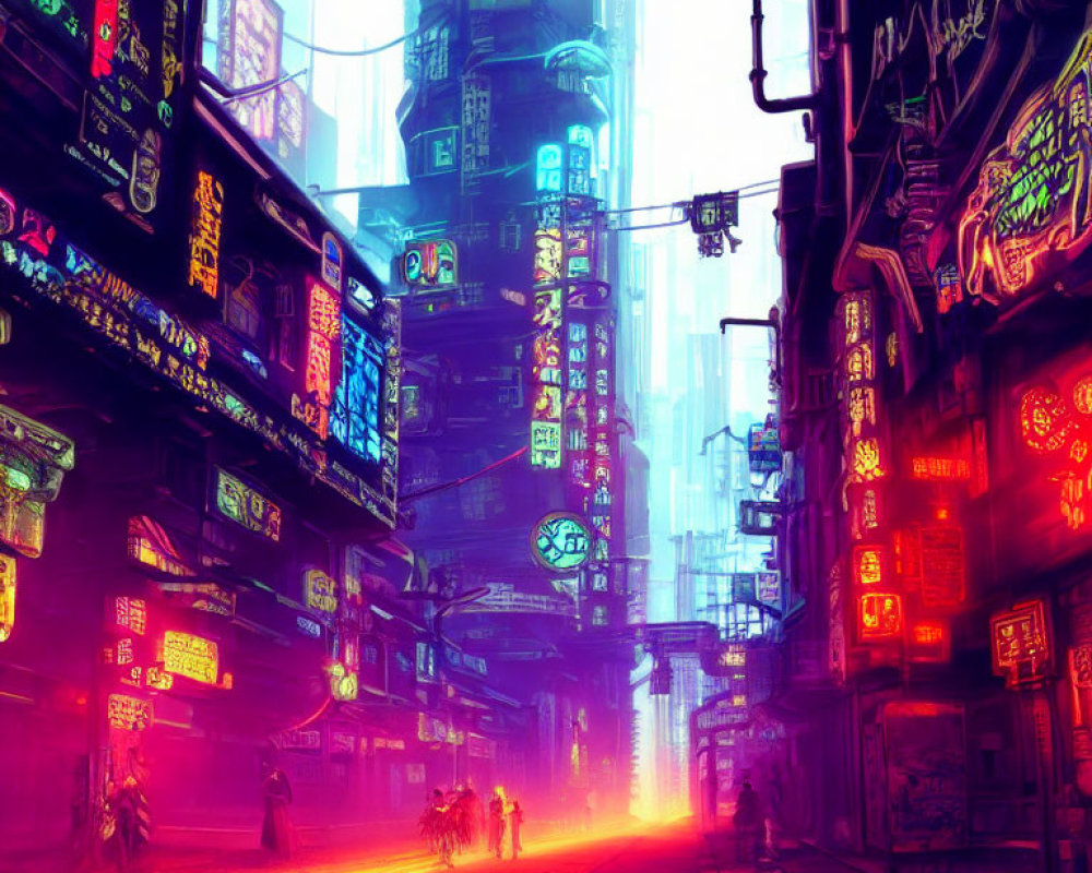 Futuristic neon cityscape at dusk with towering buildings and bright signs