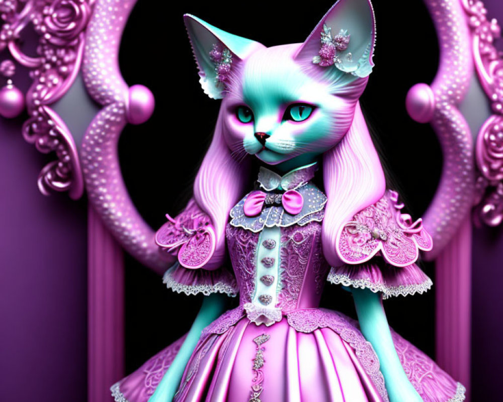 Anthropomorphic cat in pink & purple Victorian gown on gothic backdrop