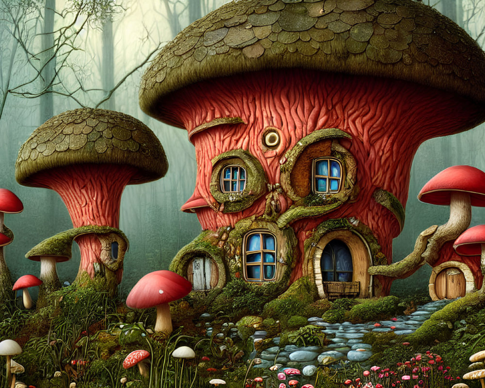 Whimsical forest illustration with large mushroom house