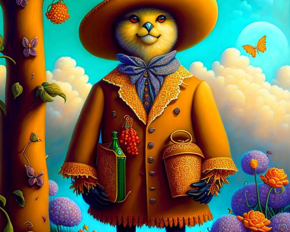 Anthropomorphic cat in hat and coat with lantern and bottle in colorful nature scene