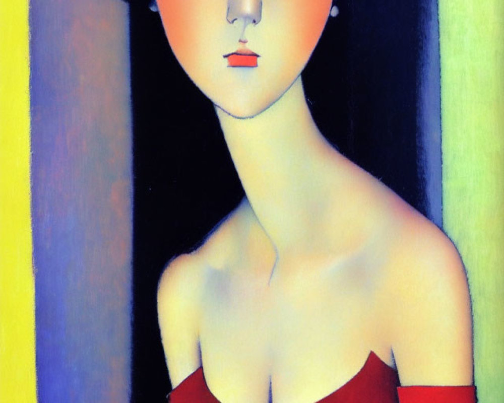 Stylized portrait of female figure in red top against colorful backdrop