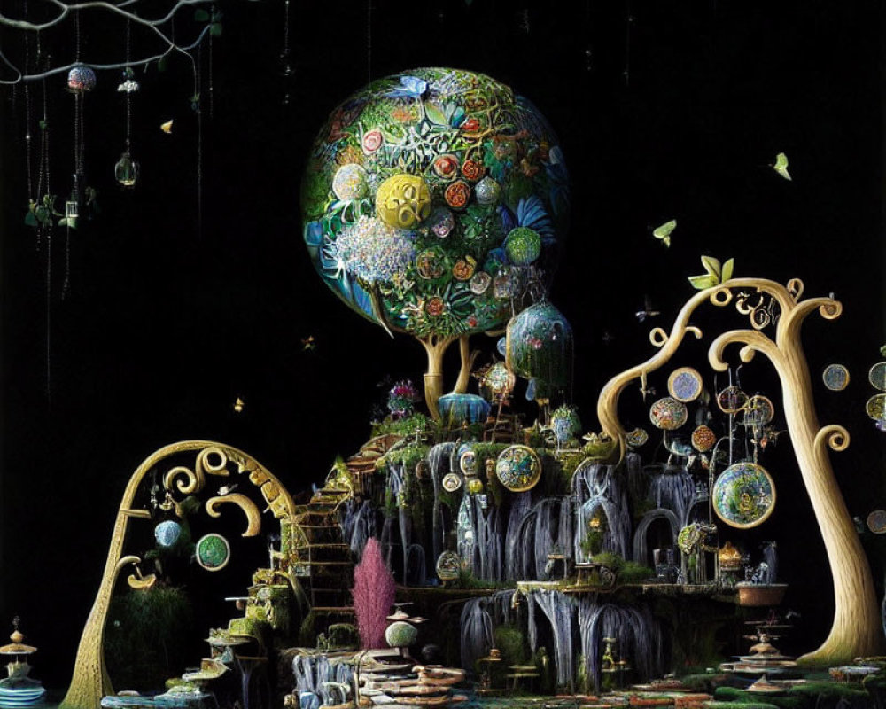 Whimsical fantasy landscape with floating orbs and intricate designs